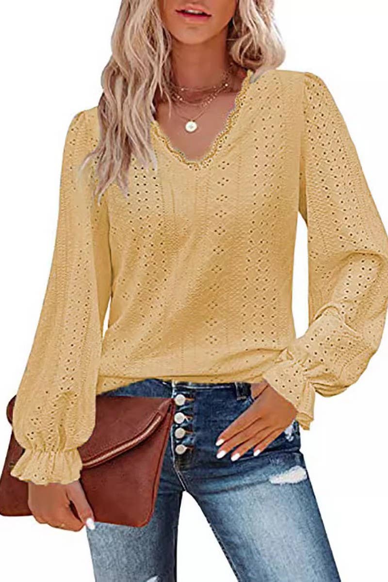 CWTBLL1046_V-NECK SOLID COLOR HOLLOW CASUAL LONG-SLEEVED TOP