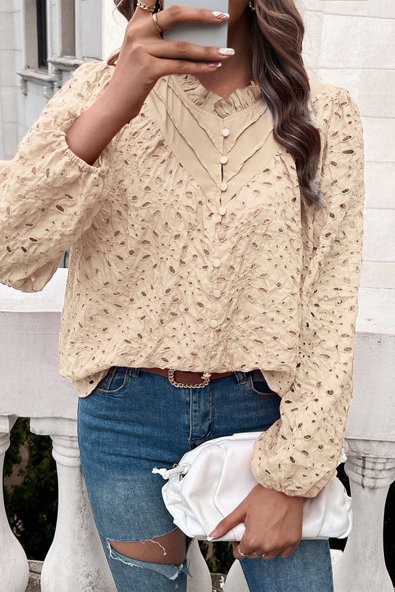 CWTSTL2732_ELEGANT HOLLOW PUFF SLEEVE EMBROIDERED TOP