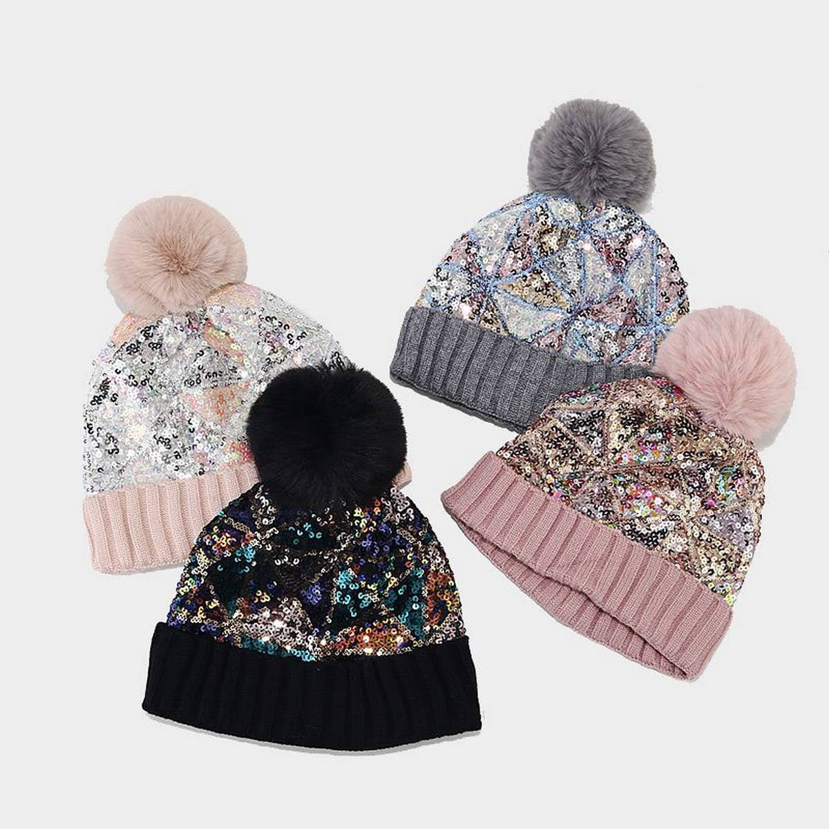 COLORFUL SEQUINED POM-POM KNITTED HAT_CWAH1613