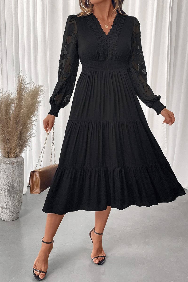 CWDMD01040_V NECK WAIST LACE LONG SLEEVE SOLID DRESS