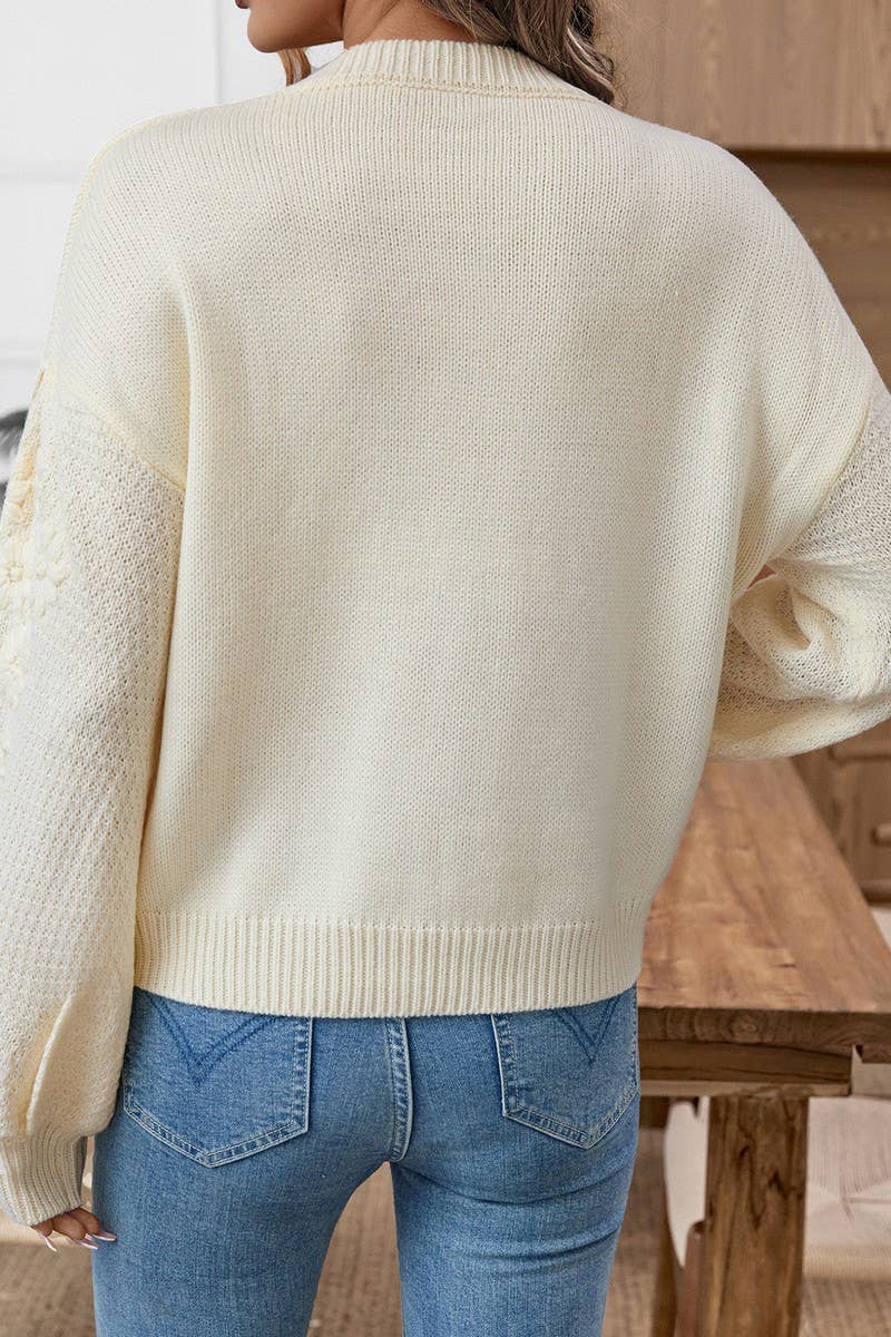 CWOSWL07056_EMBROIDERED 3D DAISY LOOSE KNIT SWEATER