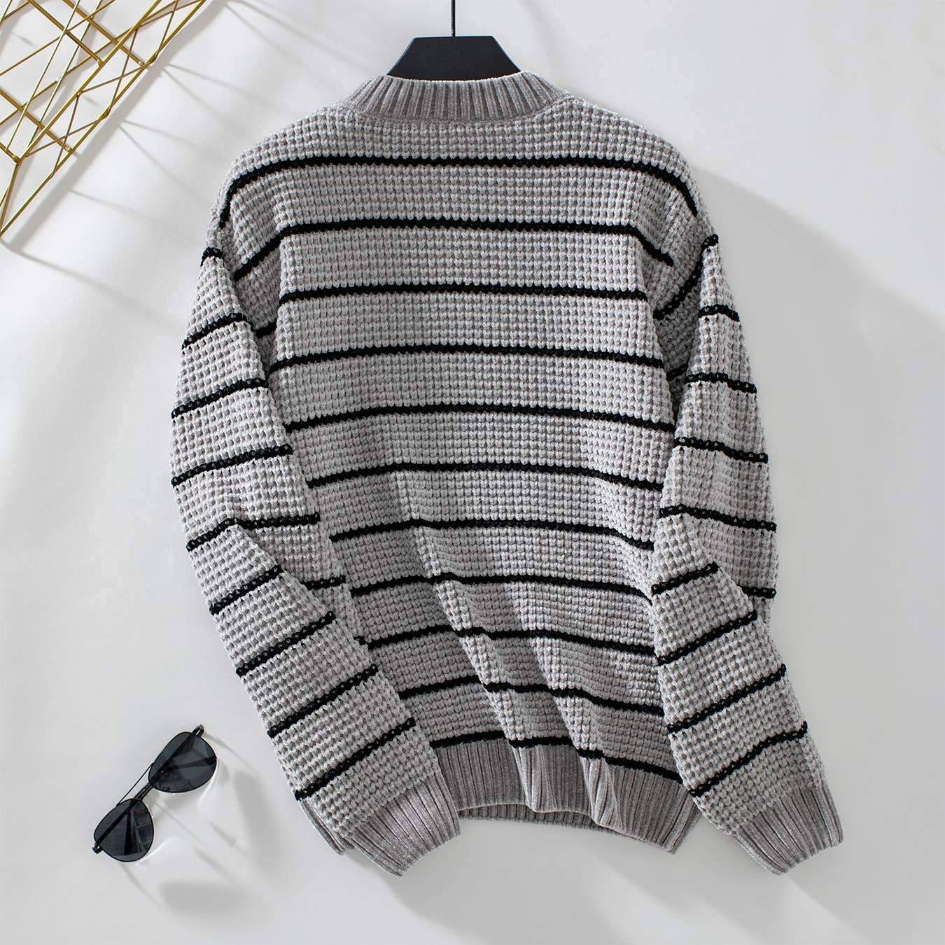 CHENILLE STRIPED CREW NECK PULLOVER SWEATER