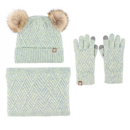 THREE-PIECE SET OF POM-POM HAT, SCARF AND GLOVES
