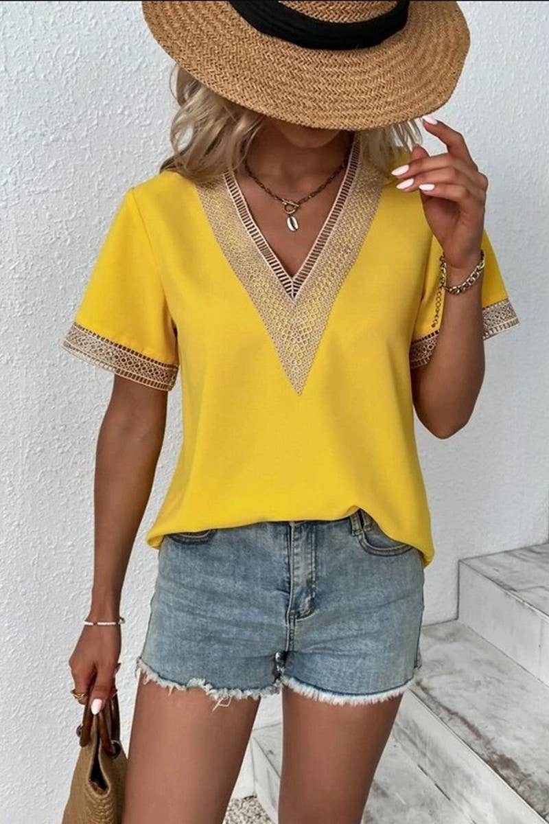 CWTBLS0826_V-NECK LACE CASUAL SOLID COLOR SHIRT