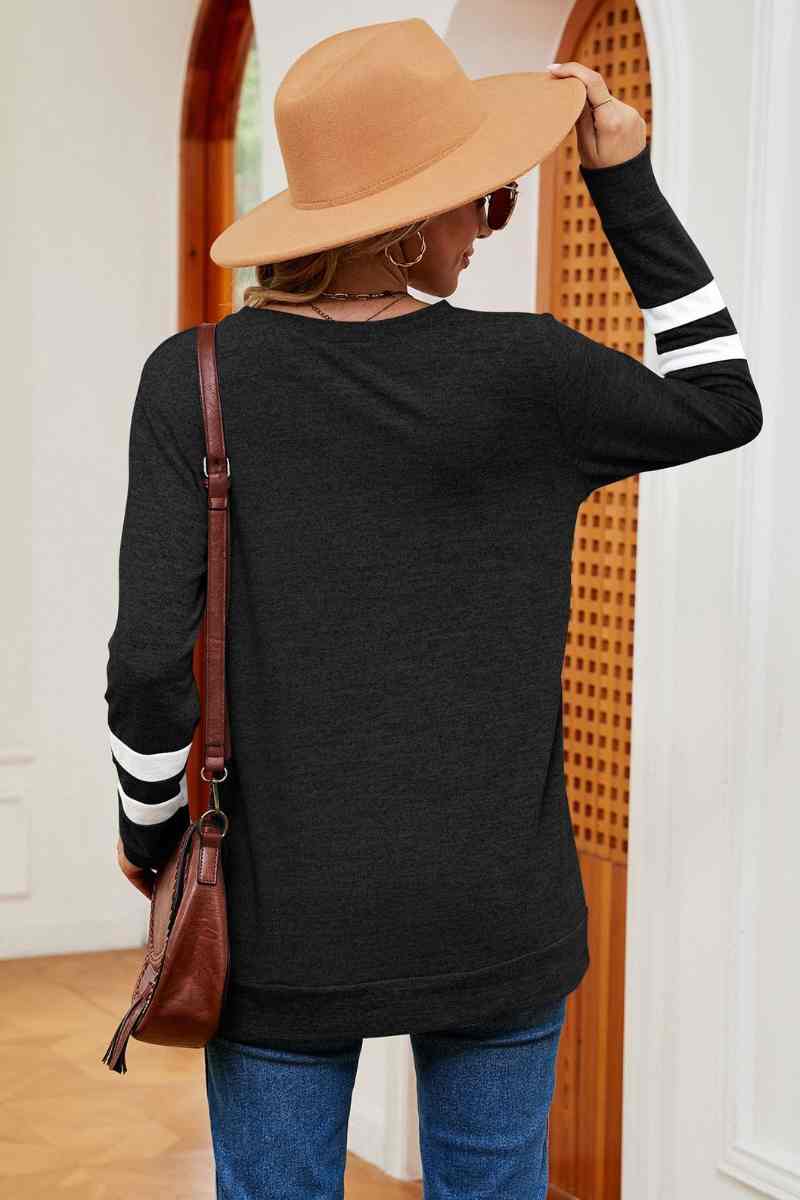 CWOSWL6552_V-NECK LONG SLEEVE STRIPED COLOR MATCHING TOP