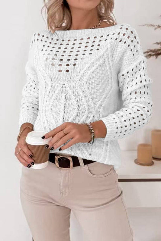 CWOSWL6866_CHIC OFF SHOULDER LOOSE KNIT HOLLOW OUT SWEATER