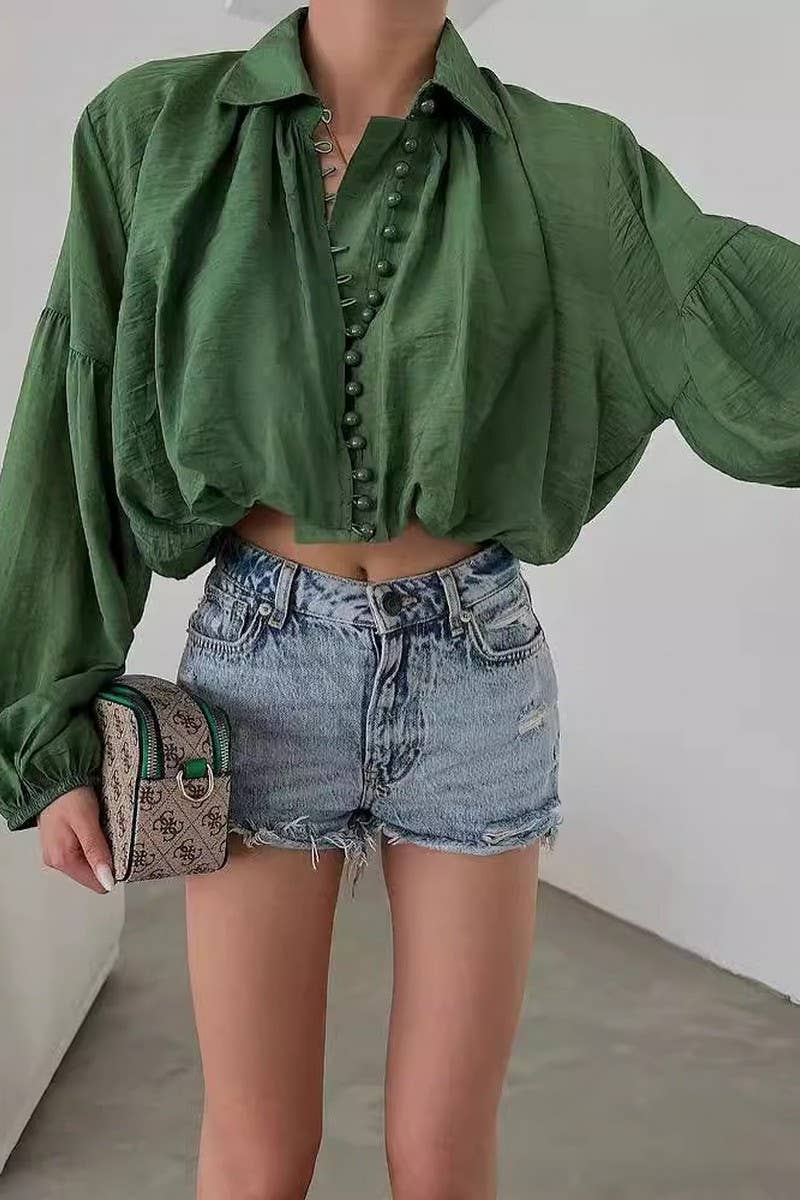 CWTBLL2918_SOLID COLOR LAPEL PUFF SLEEVE SHIRT TOP