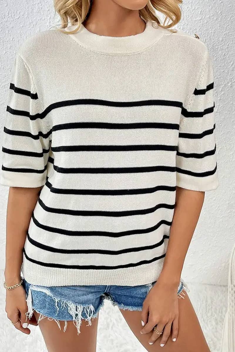 CWTTS1309_STRIPED FASHION ROUND NECK SHORT SLEEVE SWEATER