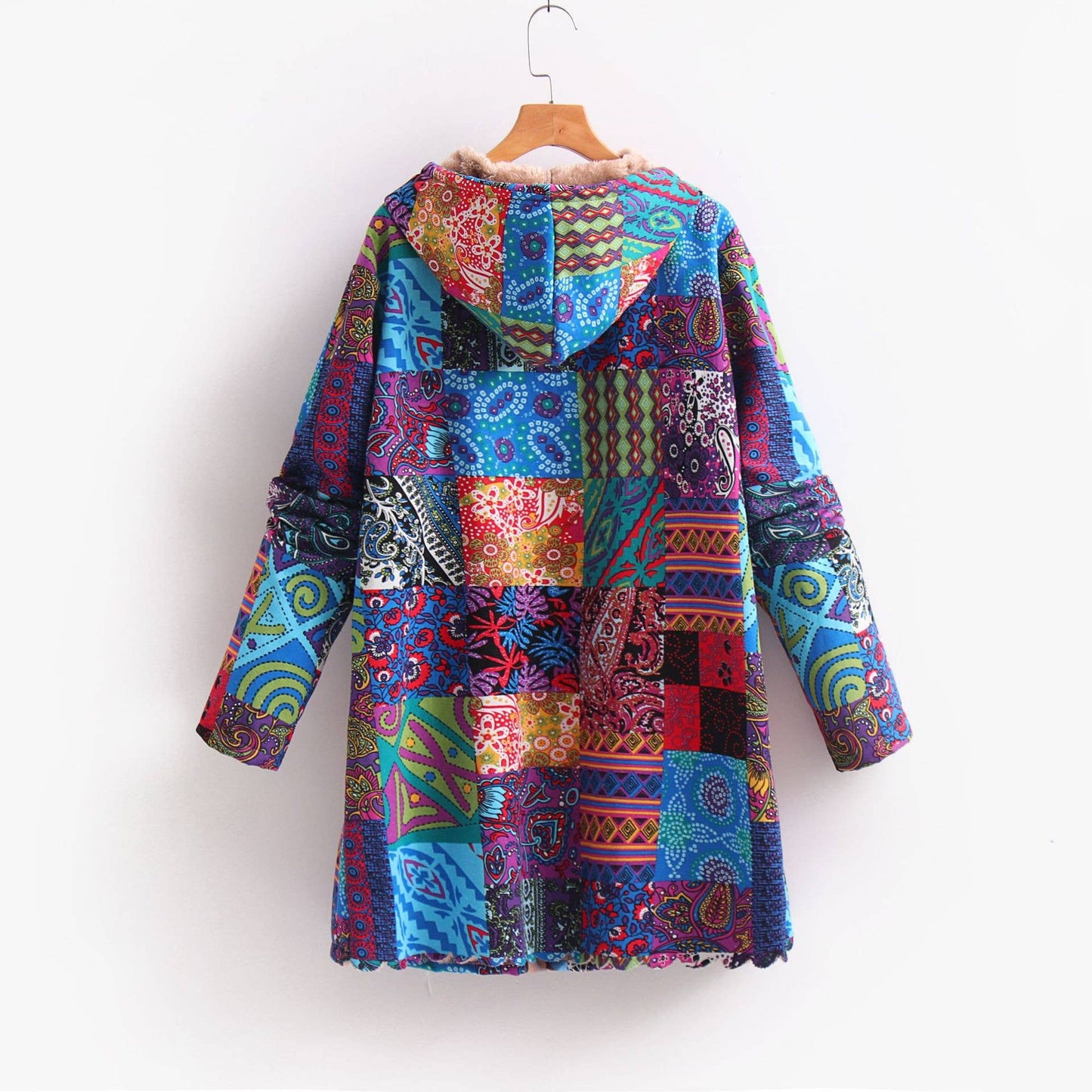 Cotton linen printed hooded warm fleece jacket