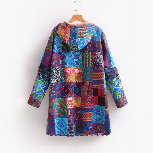Cotton linen printed hooded warm fleece jacket