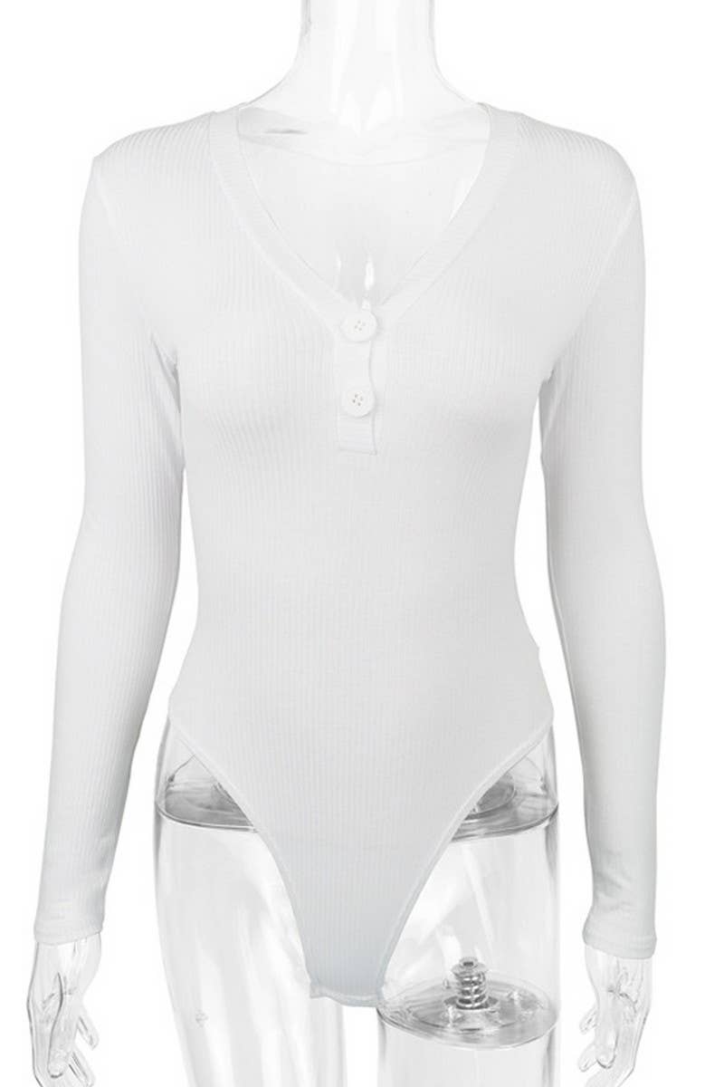 CWSBSL0150_COTTON RIBBED V-NECK BUTTON LONG SLEEVE BODYSUIT