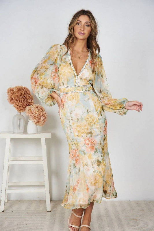 CWDMD5692_FLORAL PRINT HIGH LOW HEM BODYCON MAXI DRESS
