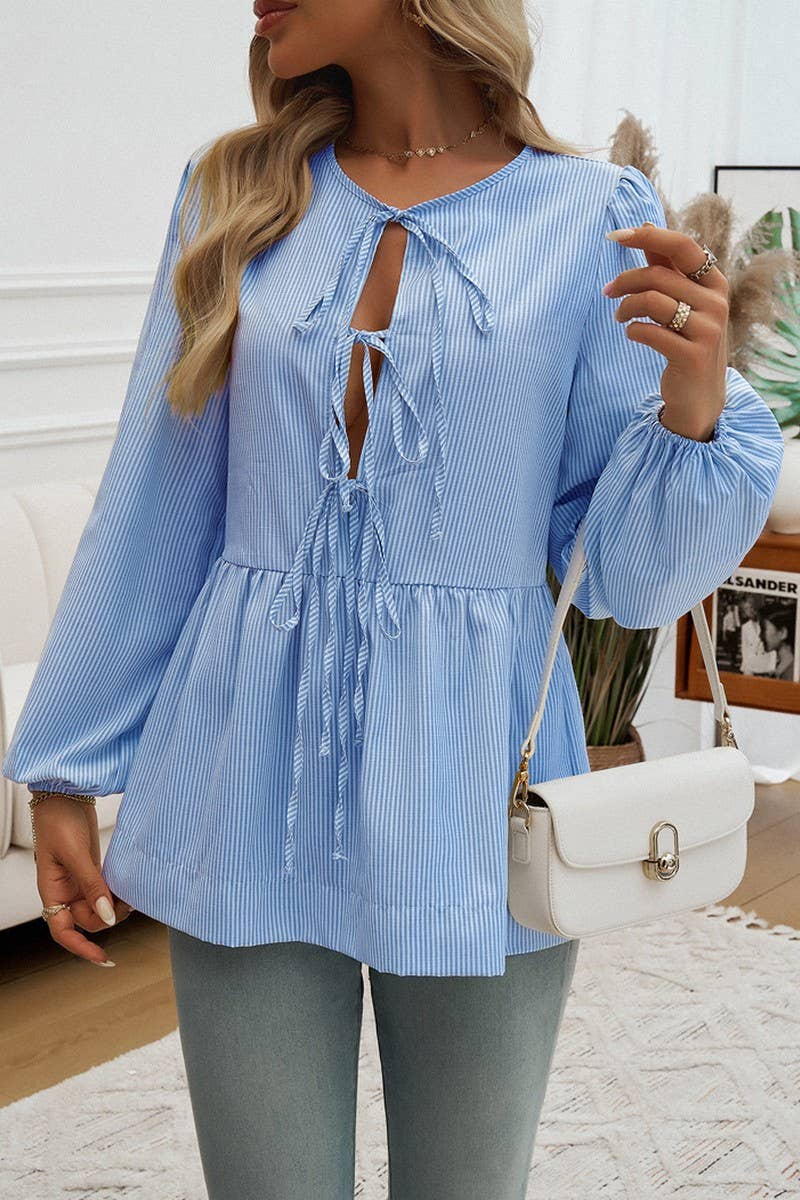 CWTSTL2742_CASUAL LOOSE STRIPED LANTERN SLEEVE TIE SHIRT