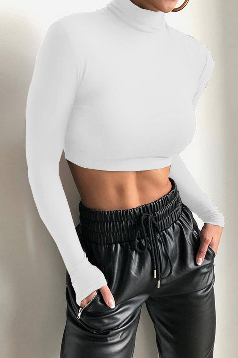 CWTBLL3772_SLIM FIT NAVEL BARING LONG SLEEVE TURTLENECK TOP
