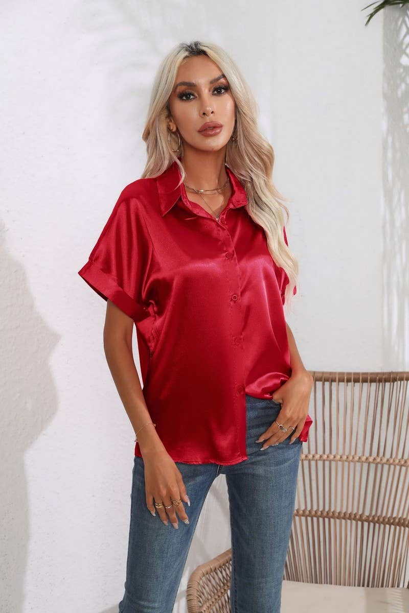 CWTBLS0406_Button Down Silky Satin Short Sleeve Top