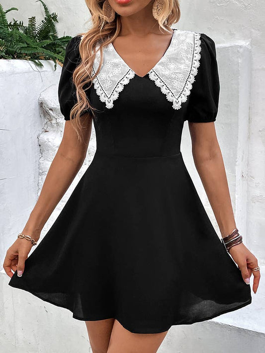 COLOR CONTRAST DOLL COLLAR PUFFY SLEEVE DRESS