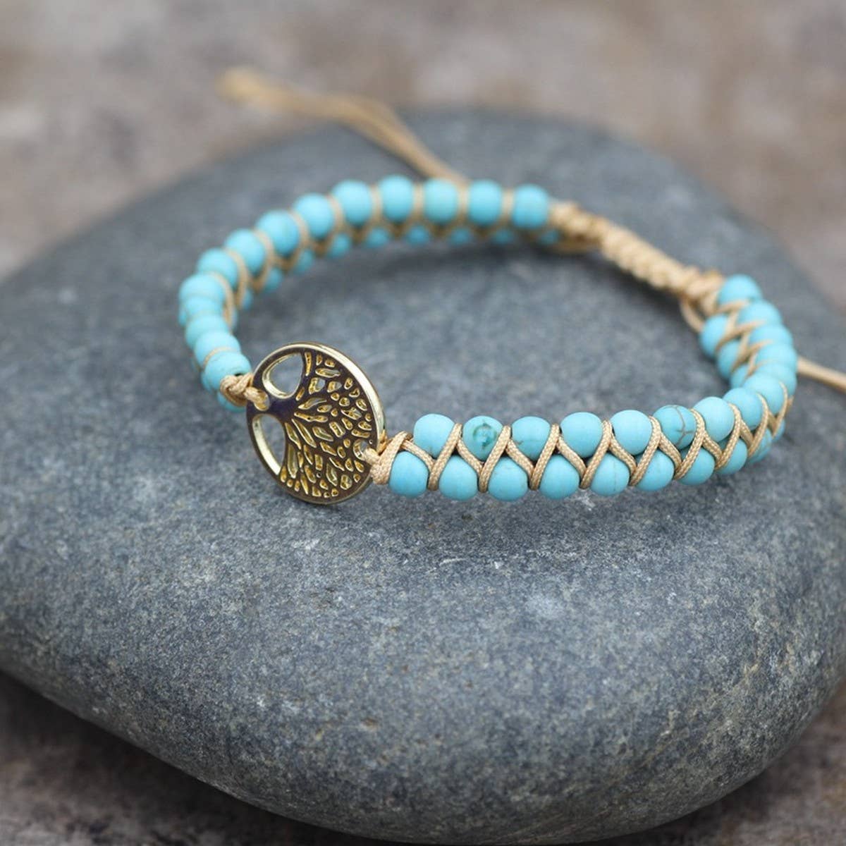 TREE SHAPED PENDANT NATURAL STONE WOVEN BRACELET