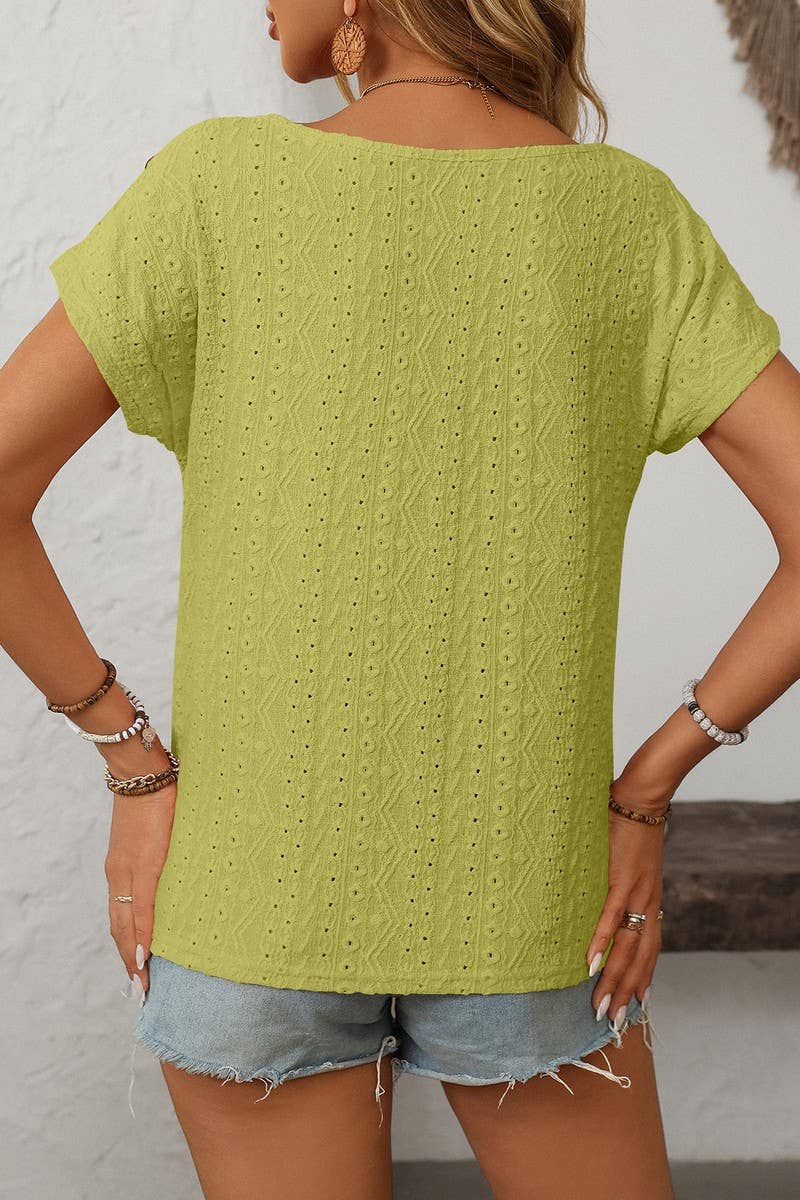CWTBLS1709_ROUND NECK BUTTON SHORT SLEEVE CUTOUT TOP