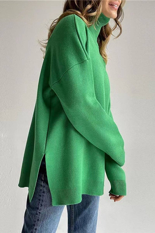 CWOSWL07651_SOLID COLOR HIGH COLLAR SLIT KNITTED TOP