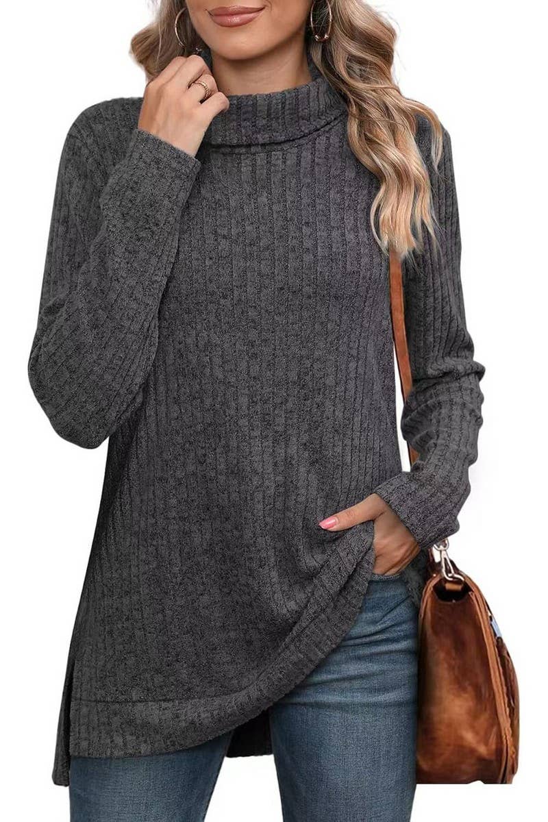 CWOSWL6106_SOLID COLOR HIGH COLLAR SLIT RIBBED BOTTOMING TOP