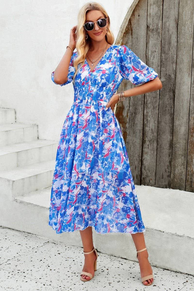 CWDMD0995_Deep V-Neck Short Sleeve Floral Print Midi Dresses