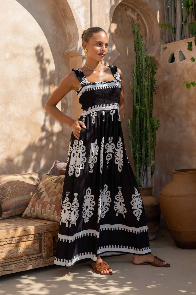 CWDHL1076_SUMMER RESORT STYLE PRINTED SUSPENDER BEACH DRESS