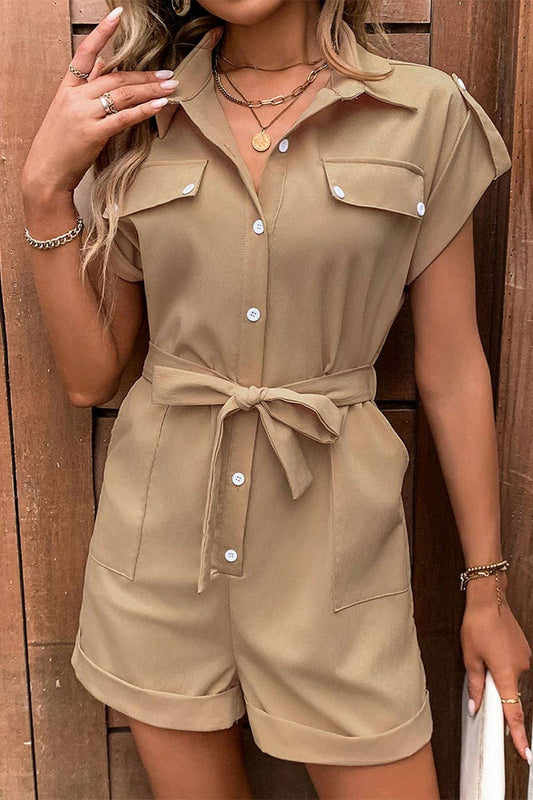 CWSR0090_SOLID COLOR COLLARED BUTTON UP SHORT SLEEVED ROMPER