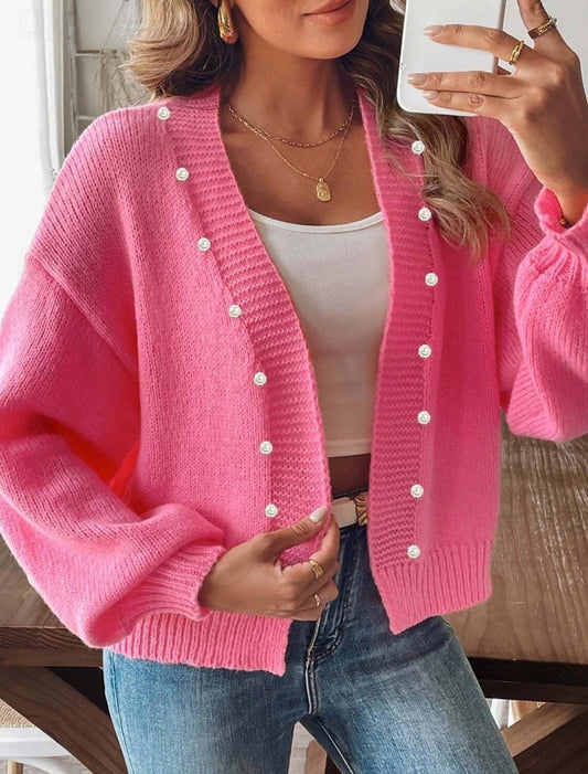 Beaded solid-color unbuttoned knitted cardigan