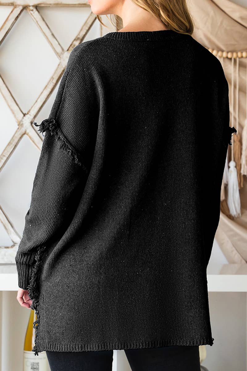 CWOSWL646_BUTTON DOWN FRINGE SHOULDER SWEATER KNIT TOP