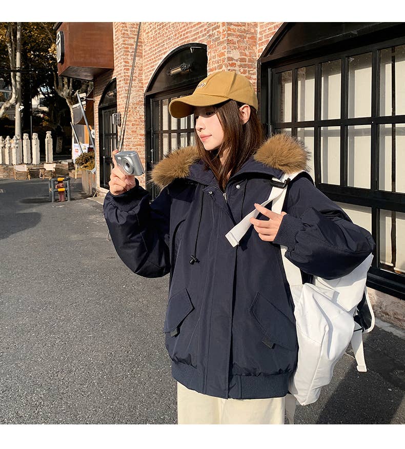 American retro hooded wool-neck coat