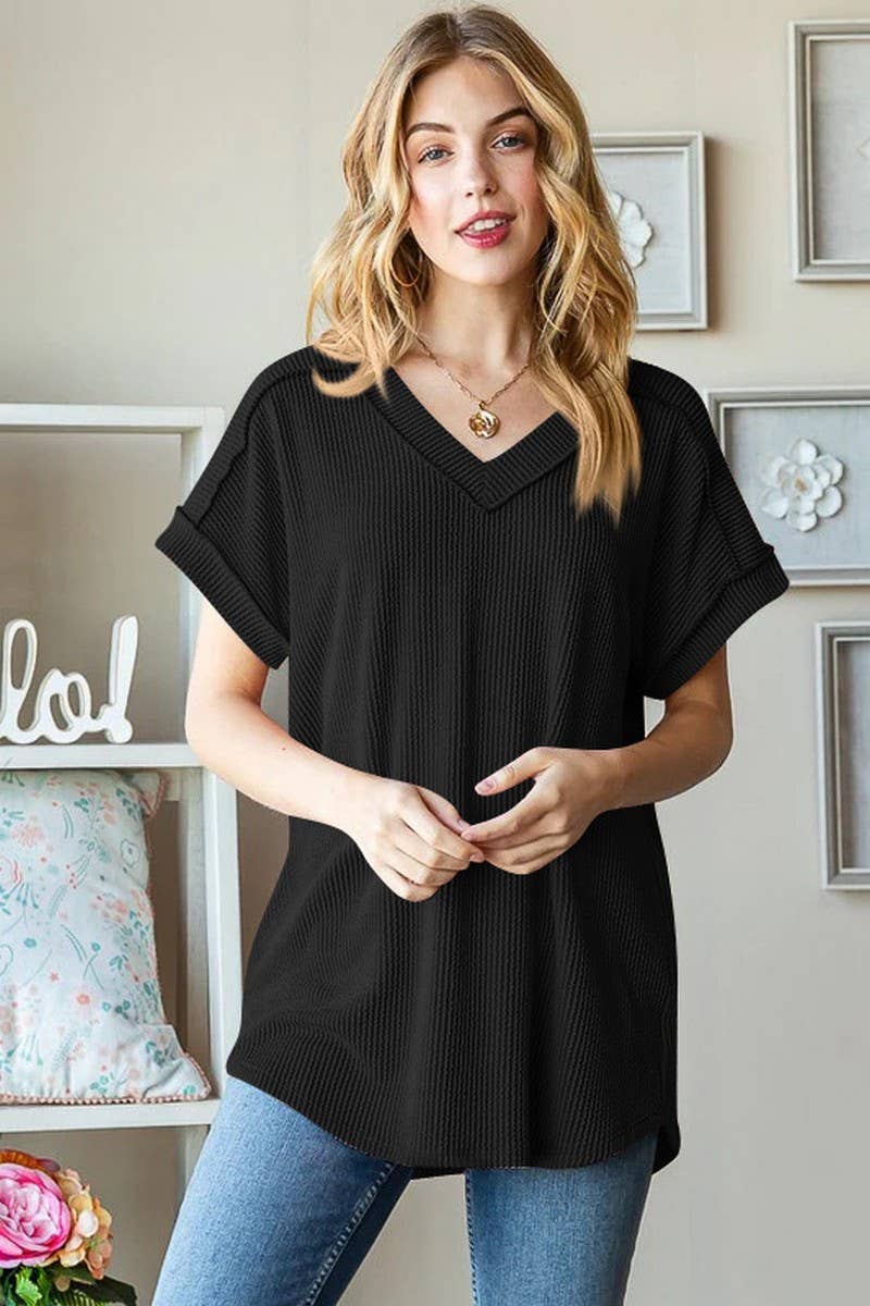 CWTBLS1500_V-NECK RIBBED JACQUARD KNIT SHORT-SLEEVED T-SHIRT