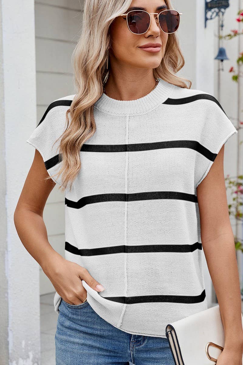 CWTBLS02499_STRIPED CREW NECK SLEEVELESS KNIT TANK