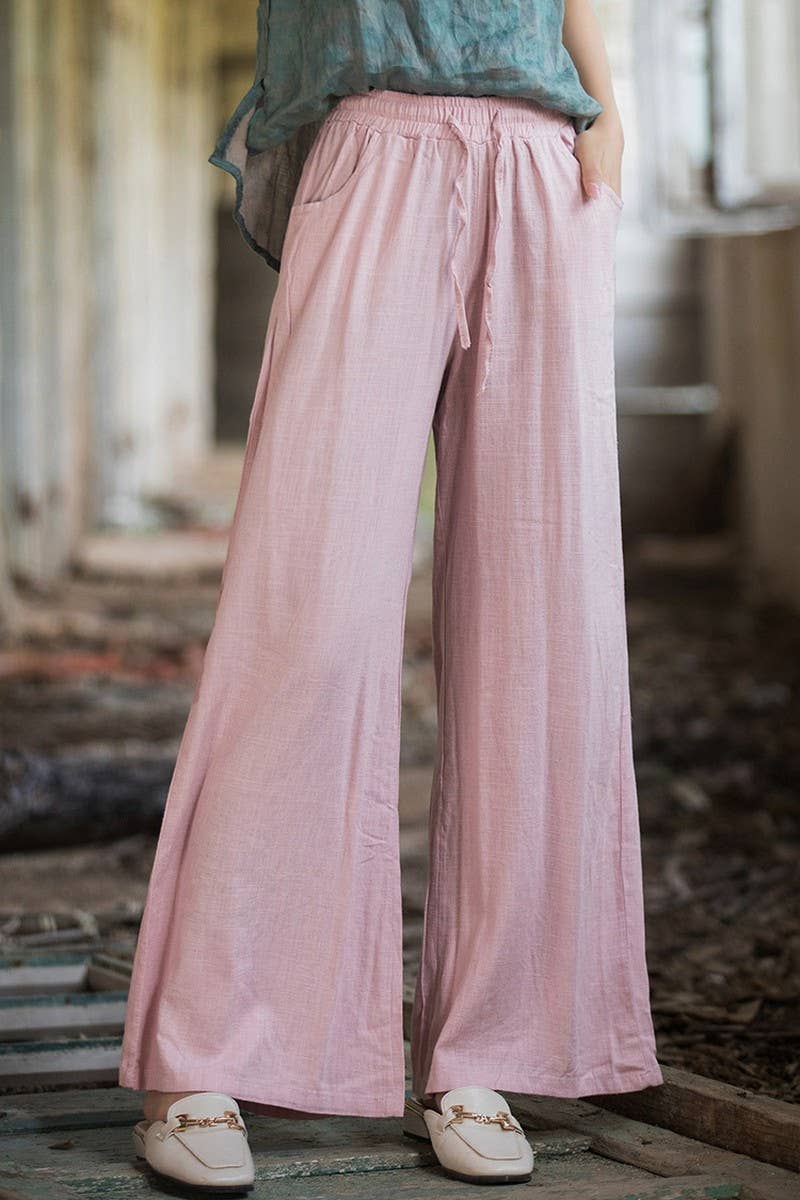 CWBLP1376_COTTON AND LINEN DRAWSTRING WIDE LEG PANTS