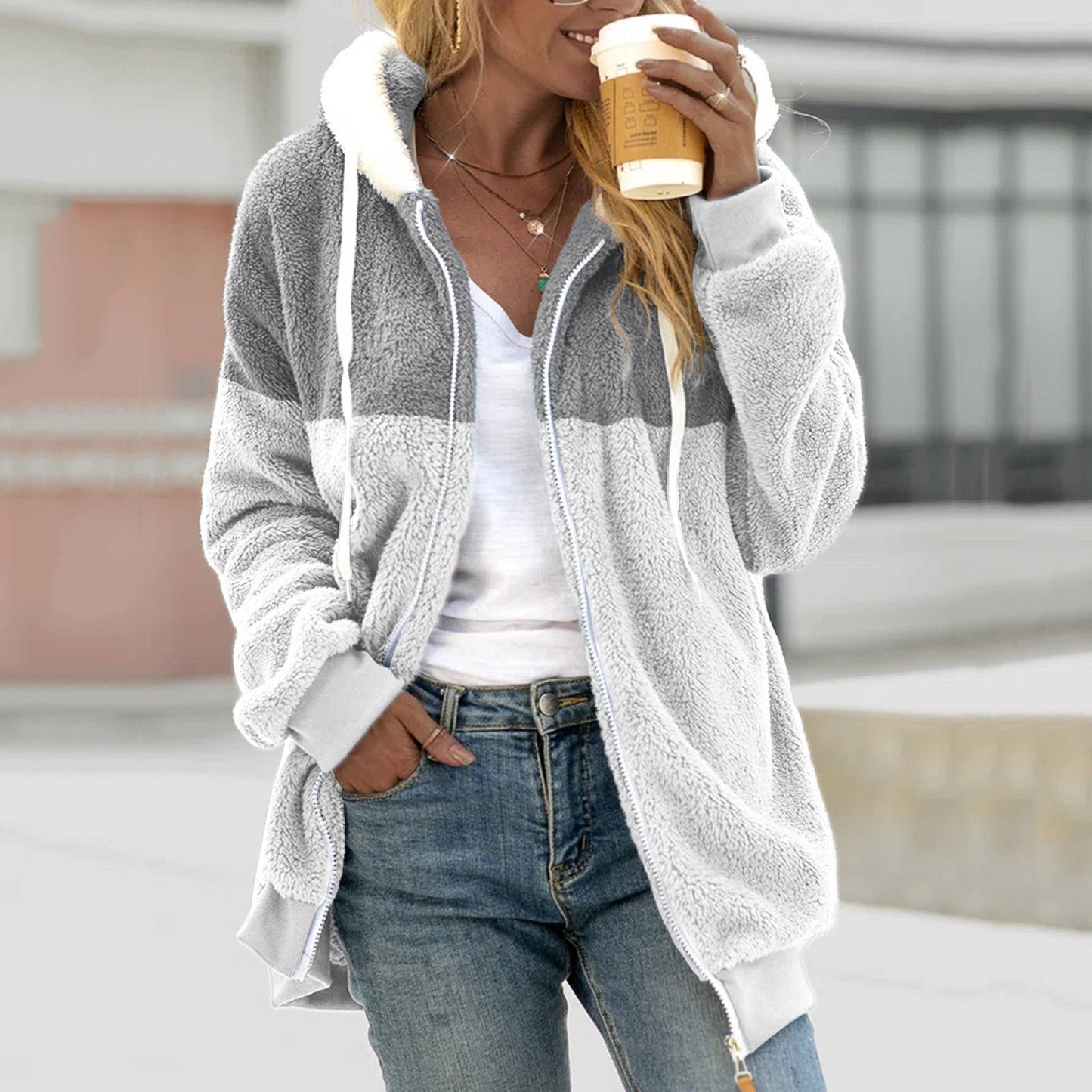 Fleece patchwork zipper pocket hooded loose jacket