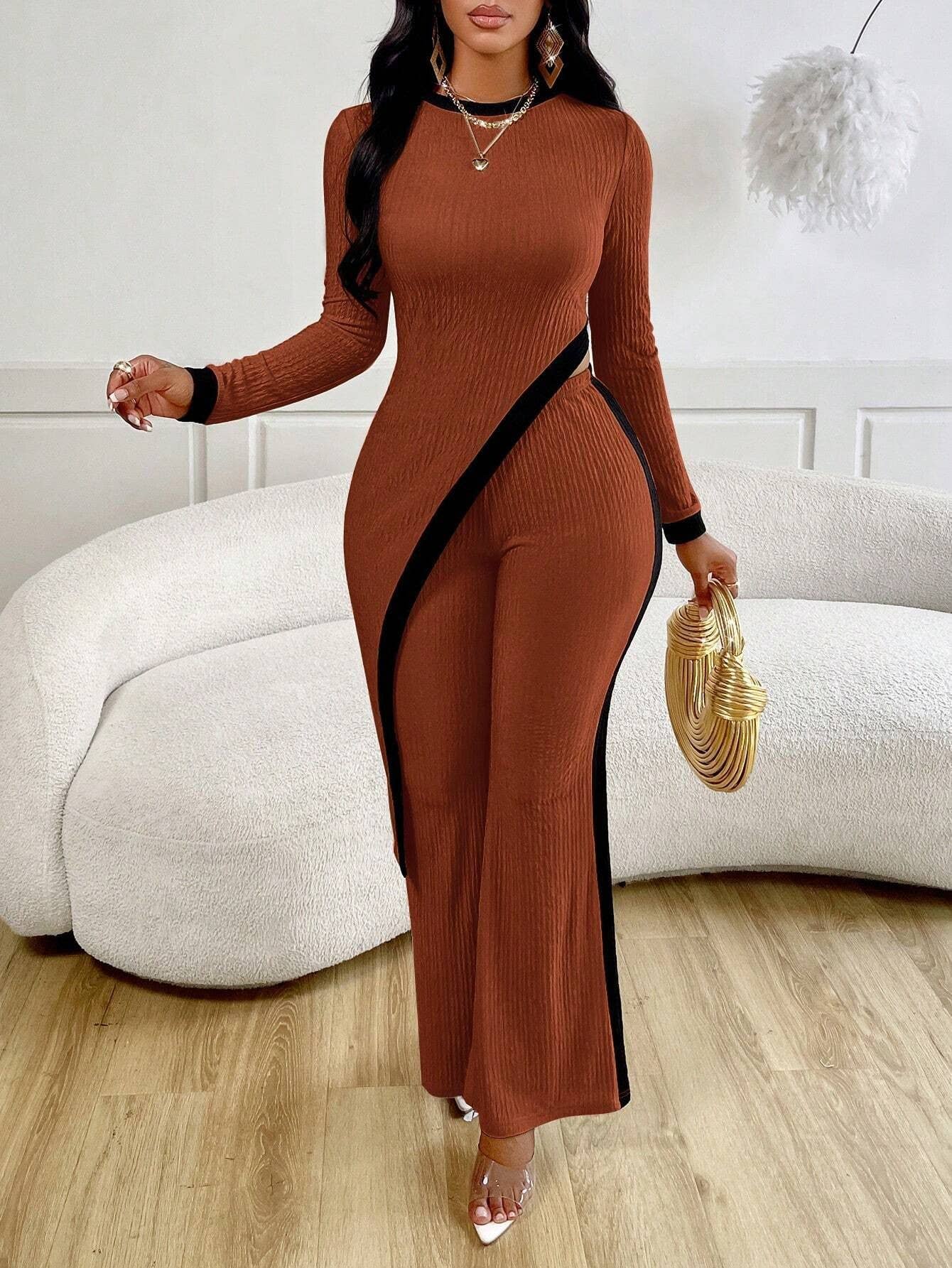 COLOR CONTRAST SLIT T-SHIRT STITCHING PANTS SET