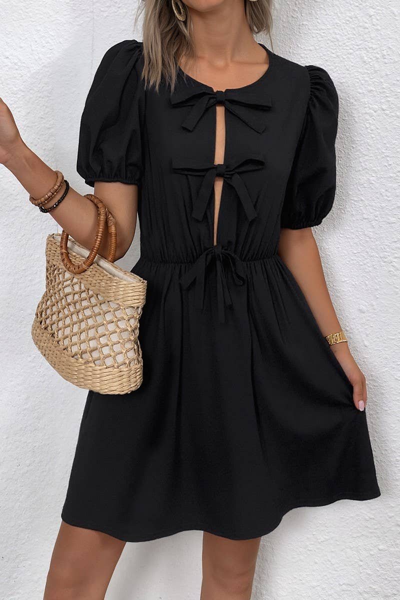 CWDSD7519_ROUND NECK BOW TIE DETAILRETRO STRIPED DRESS