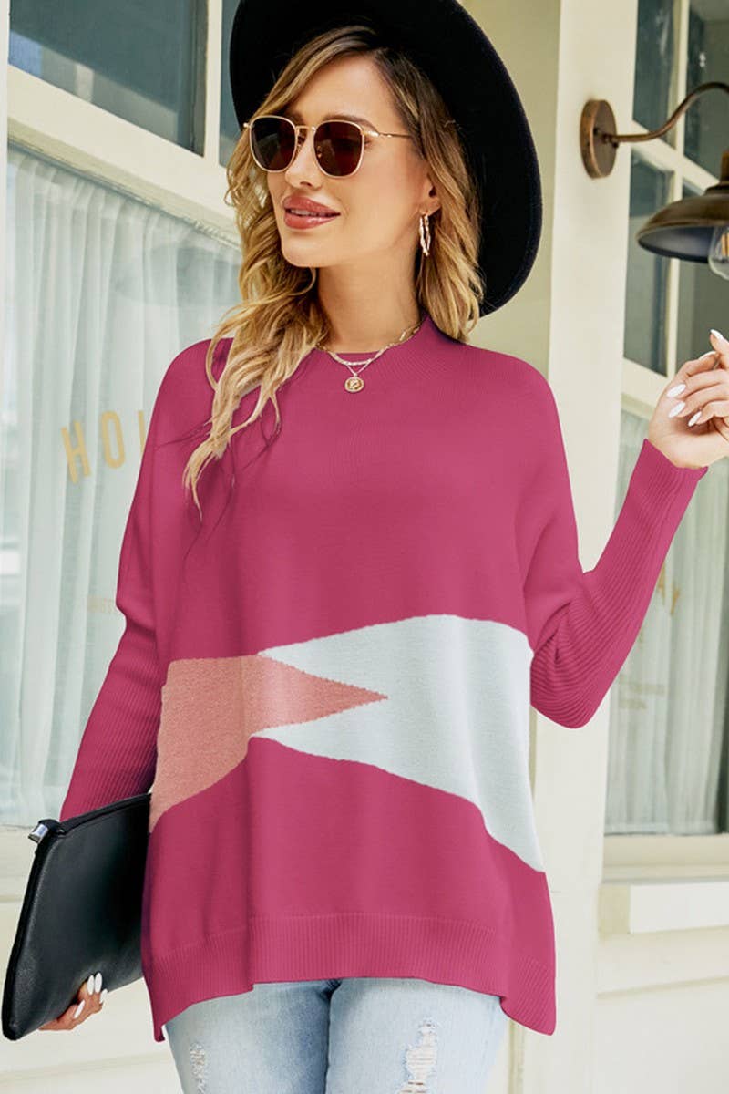 CWOSWL2677_LOOSE BATWING SLEEVE CONTRAST COLOR KNIT TOP