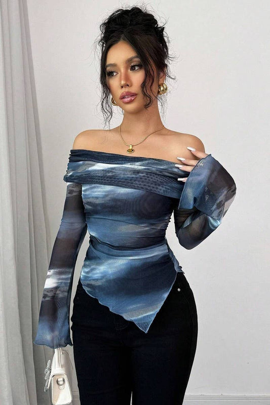 CWTBLL3920_KNIT MESH PRINT OFF SHOULDER SLIM FIT TOP