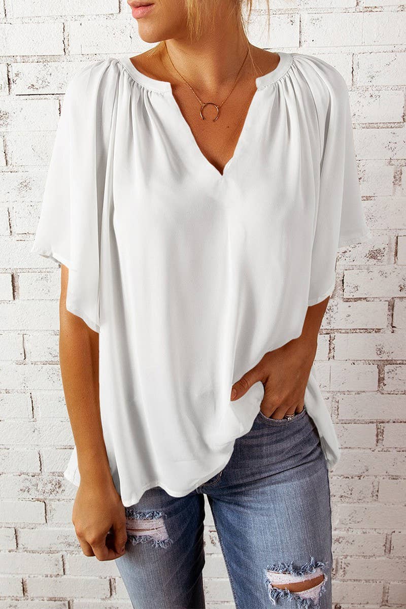 CWTBLS2307_SOLID V-NECK LOOSE FIT CHIFFON BLOUSE