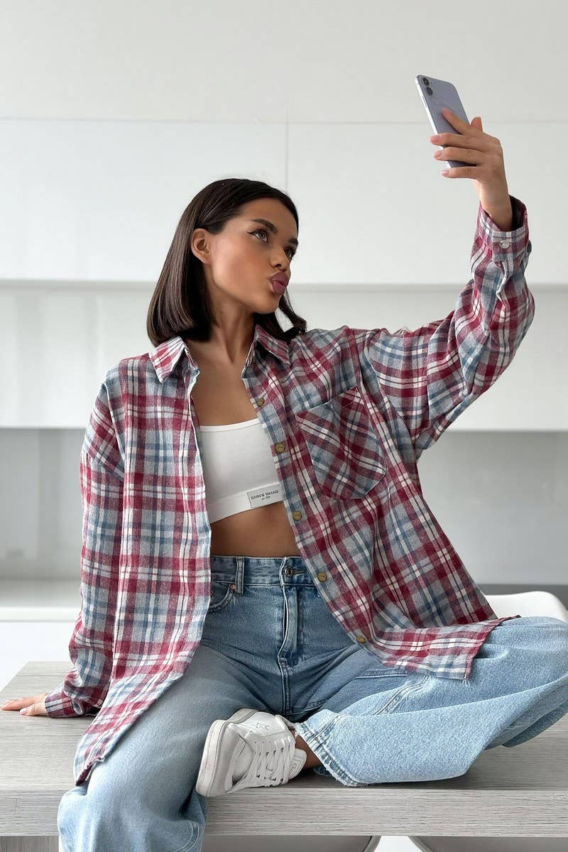 CWTBLL00597_LOOSE RETRO PLAID LONG SLEEVE SHIRT TOP