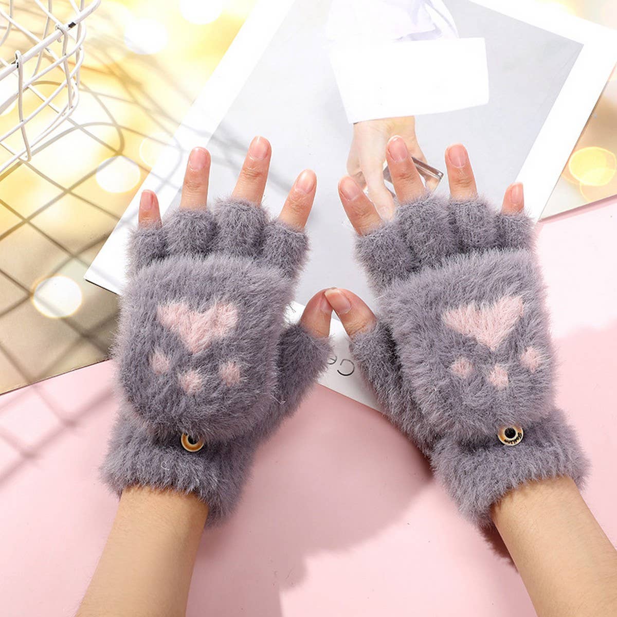 CWAG00565_KIDS PLUSH BEAR CAT PAW FINGER FLIP GLOVES