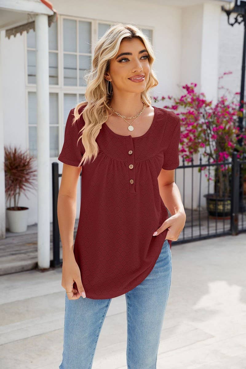 CWTBLS0435_Round Neck Short Sleeve Blouse