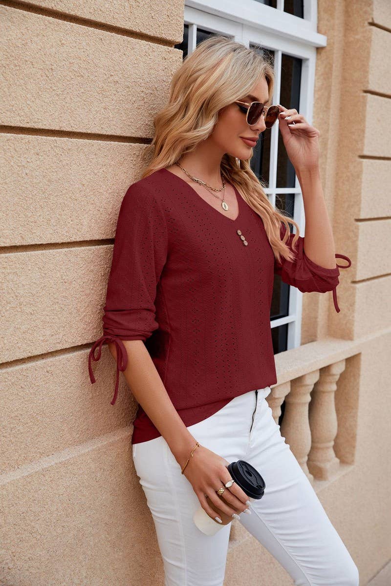 CWTTS0814_3/4 Sleeve V-Neck Knit Top