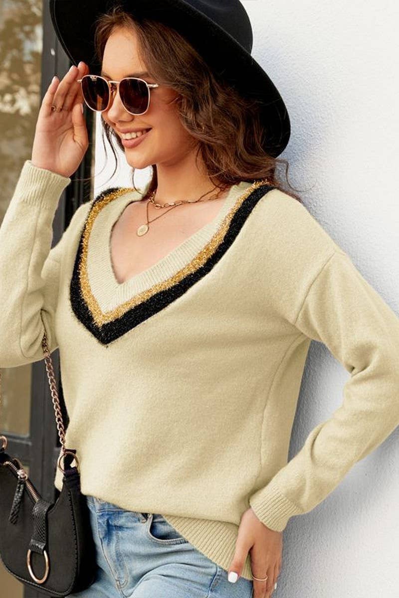 CWOSWL2698_LOOSE LONG SLEEVE V-NECK KNITTED TOP