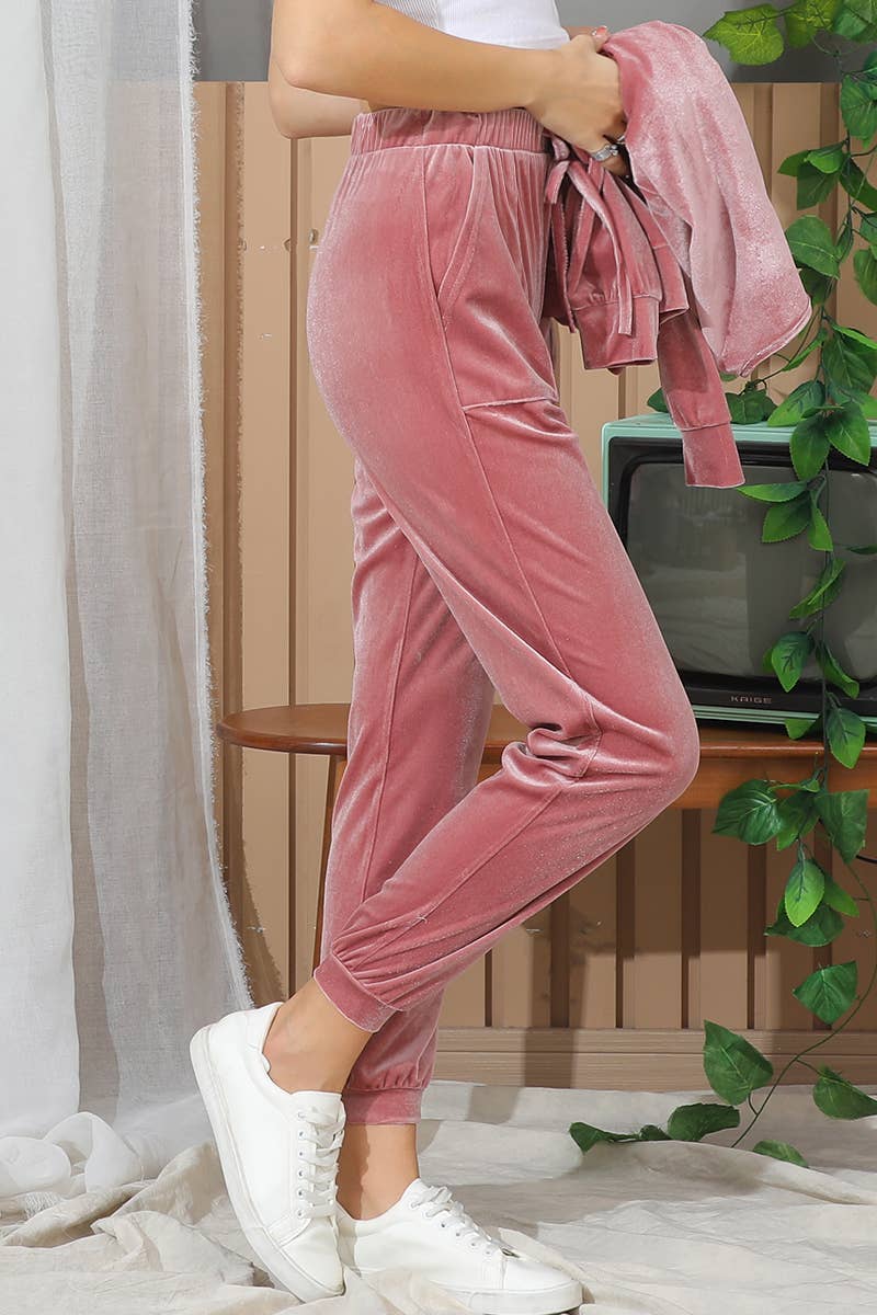 CWBLP422_WAIST TIE BAND CASUAL VELVET LONG TRACK PANTS