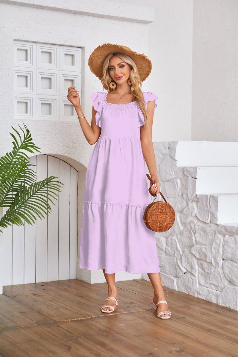 Fly-sleeve square neck off-the-shoulder dress