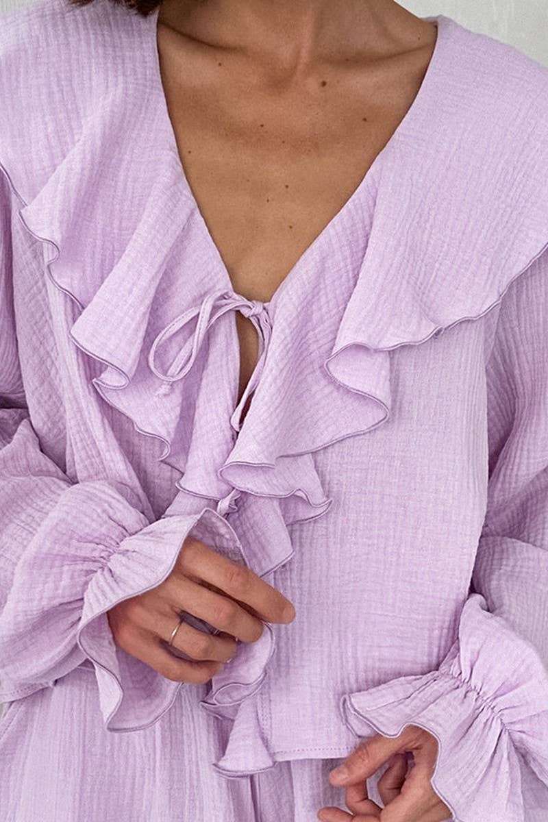 CWSPJ0284_RUFFLED COTTON LONG SLEEVE SHORTS PAJAMA SET