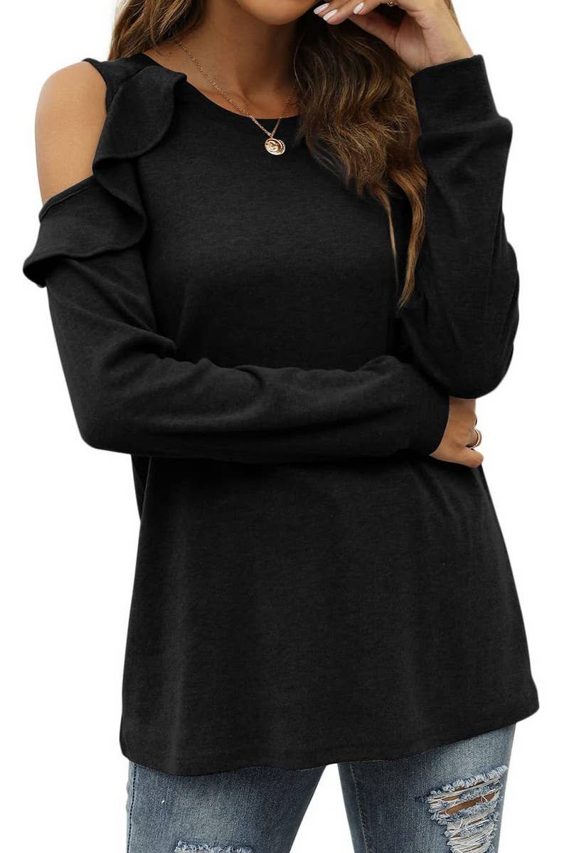 CWTBLL2671_ROUND NECK OFF-SHOULDER RUFFLED LOOSE TOP