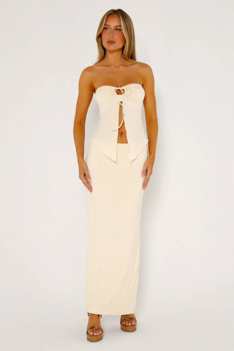 CWSTB1436_MESH DOUBLE-LAYER SLIT TUBE-TOP LONG SKIRT SUIT