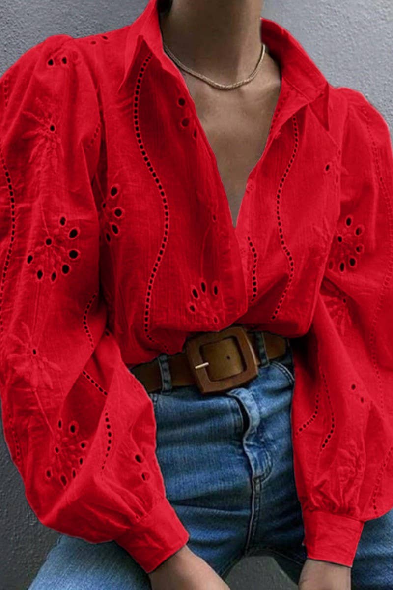 CWTSTL01000_CASUAL LOOSE HOLLOW OUT PUFF SLEEVE  TOP